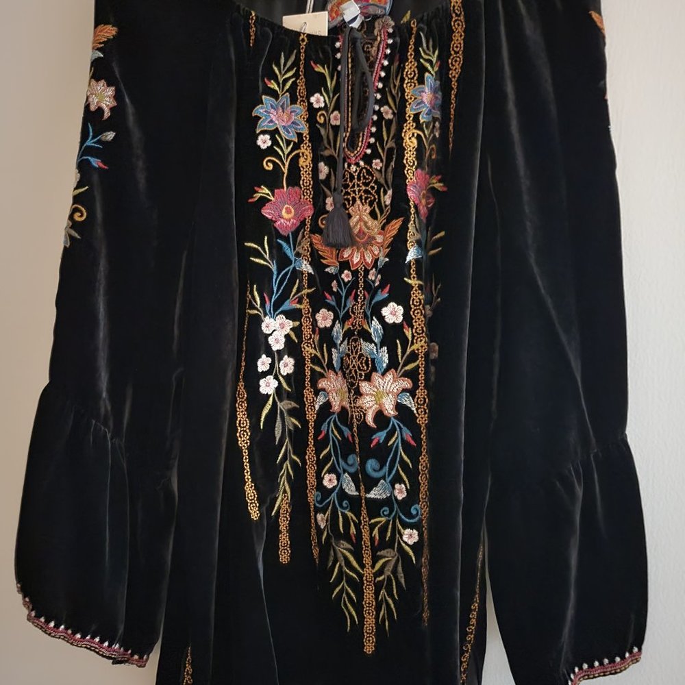 Johnny Was black velvet embroidered shirt